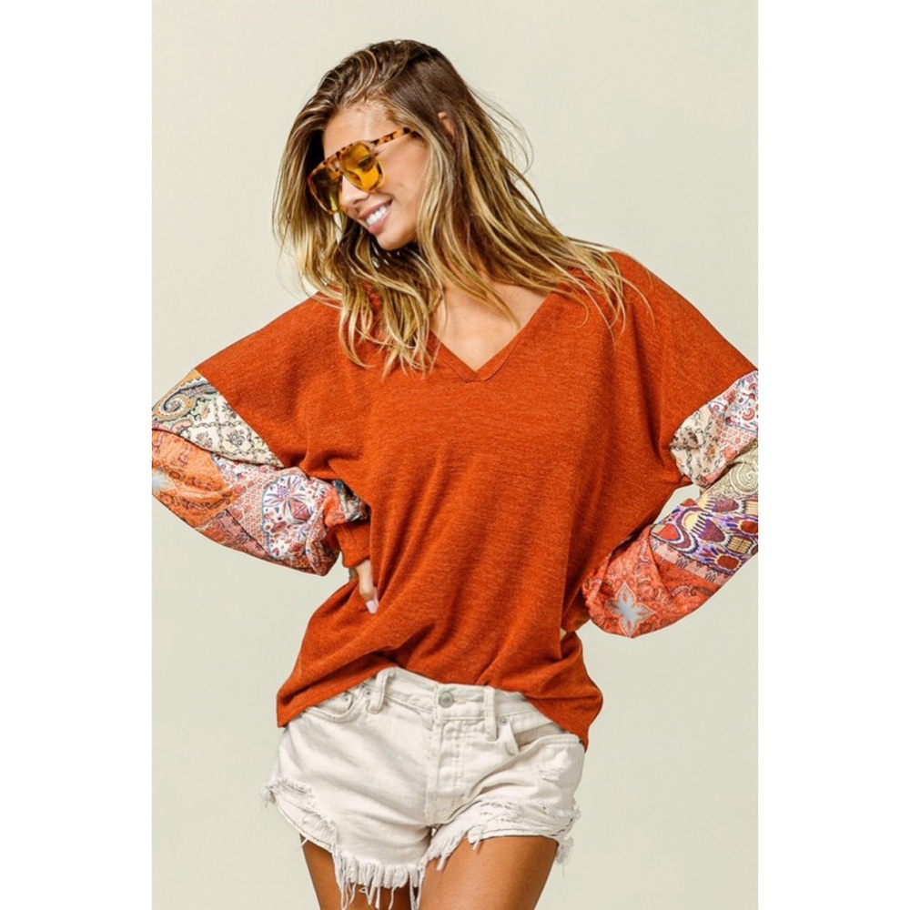 NEW! Bibi V Neck Rust Butter Soft Top w/Patchwork Sleeves! - Picture 2 of 10
